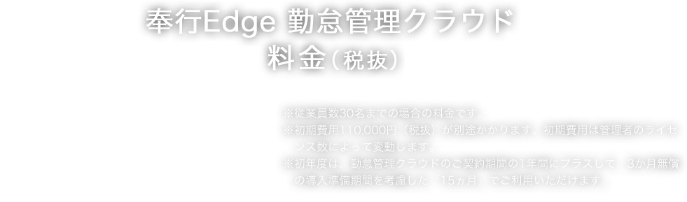 奉行Edge 勤怠管理クラウド 料金(税抜) 126,000円/年~ ※従業員数30名までの場合の料金です。