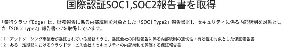 国際認証SOC1、SOC2報告書を取得「奉行クラウドEdge」は、財務報告に係る内部統制を対象とした「SOC1 Type2」報告書、セキュリティに係る内部統制を対象とした「SOC2 Type2」報告書を取得しています。